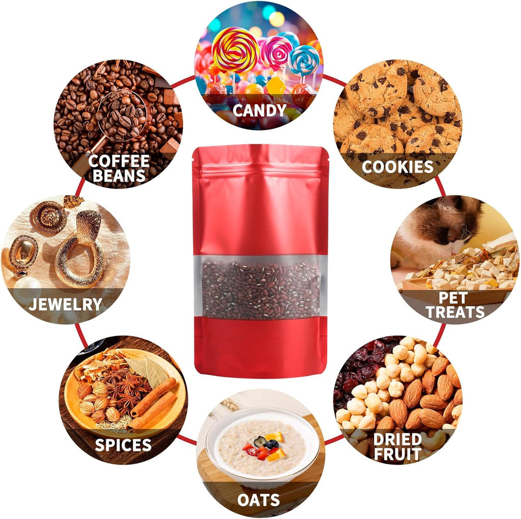 100 Pack Smell Proof Bags, Resealable Red Mylar Bags with Matte Window, Foil Pouch Stand Up Sealable Bags for Packaging, 6.29 × 9.44 Inch
