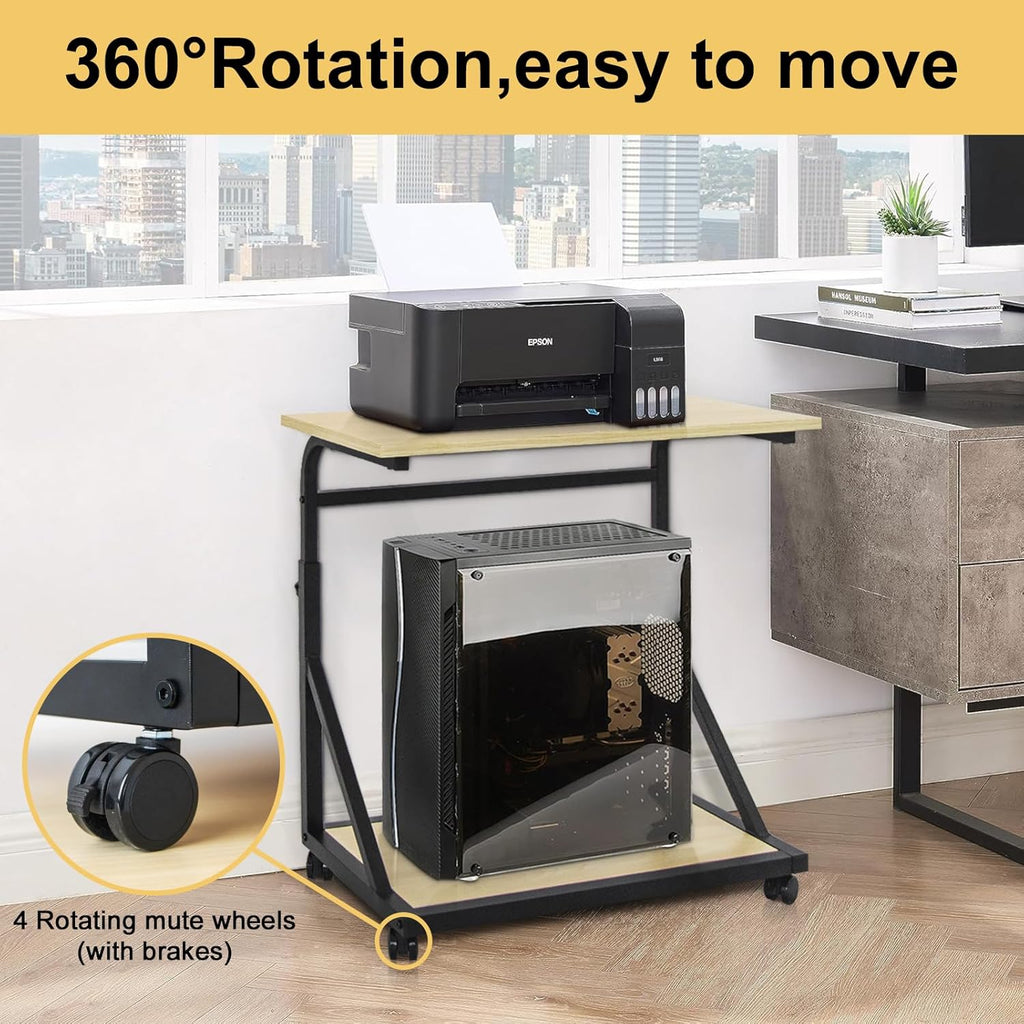 Computer Tower Stand, 2-Tier CPU Stand with Lockable Wheels, Adjustable Height PC Stand for Floor, Mobile PC Laptop Standing Table for Home Office (White Maple)