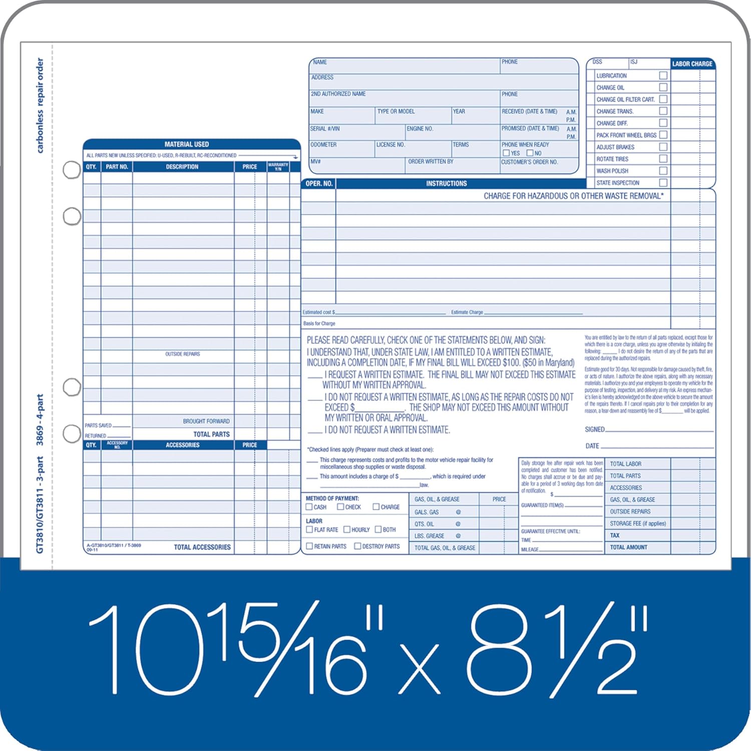 Adams Garage Repair Order Forms, 8.5 x 11 Inch, 3 Parts, 250-Count, White and Canary and White Tag (GT3811)