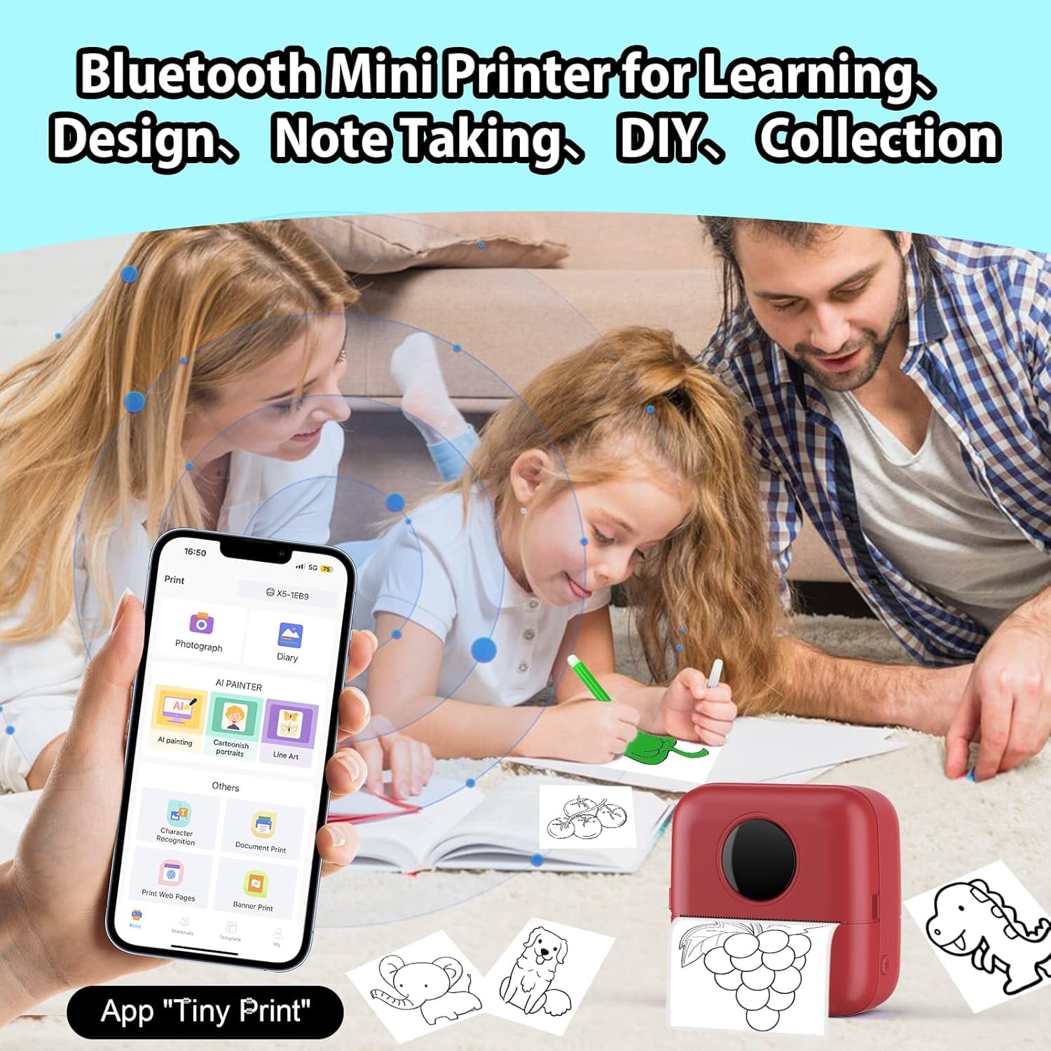 HuiJuKeJi Mini Sticker Printer Bluetooth Smart Pocket Inkless Thermal Printer with 11 Rolls Thermal Paper and Sticker for iOS&Android, Portable Receipt Printer for Photo Note Memo (Brown red)