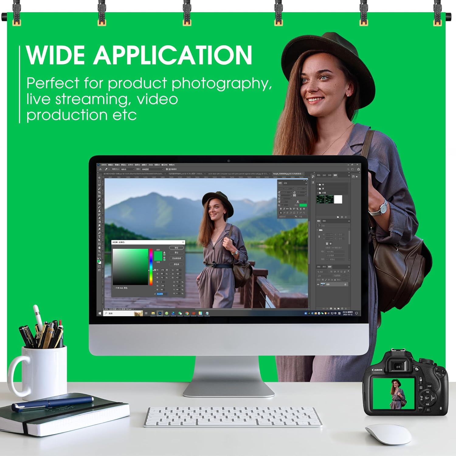 Green Screen Backdrop with Stand, 8x7.2ft Portable Greenscreen Background with Stand, T-Shape Green Screen Stand kit with 6 Spring Clamps, Sandbag, Carry Bag for Zoom, Video