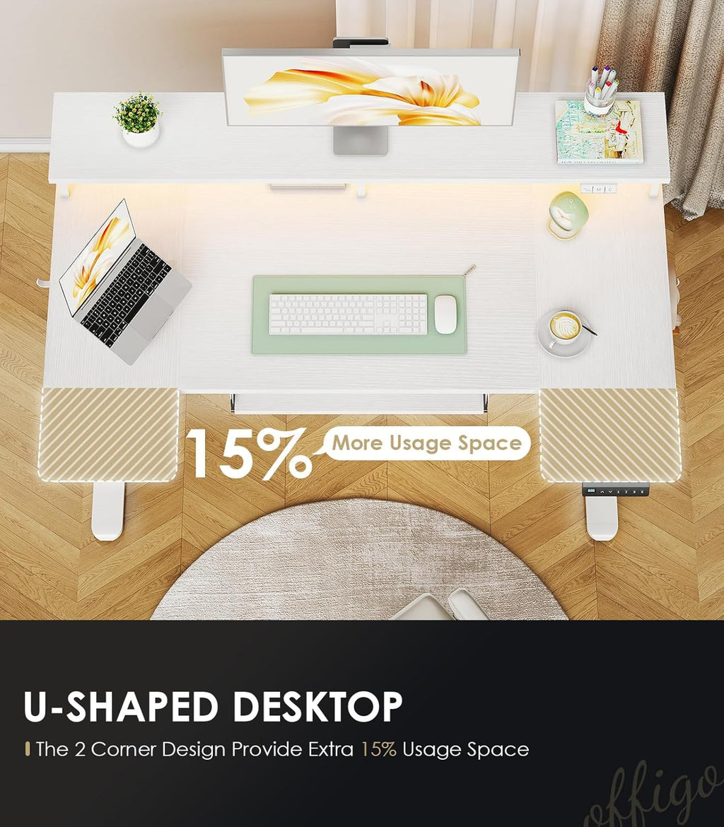 OffiGo U Shaped Electric Standing Desk with Keyboard Tray, 48 Inch Height Adjustable Desk with Power Outlets & LED Lights, Sit Stand Table with Monitor Stand for Home, Office, White