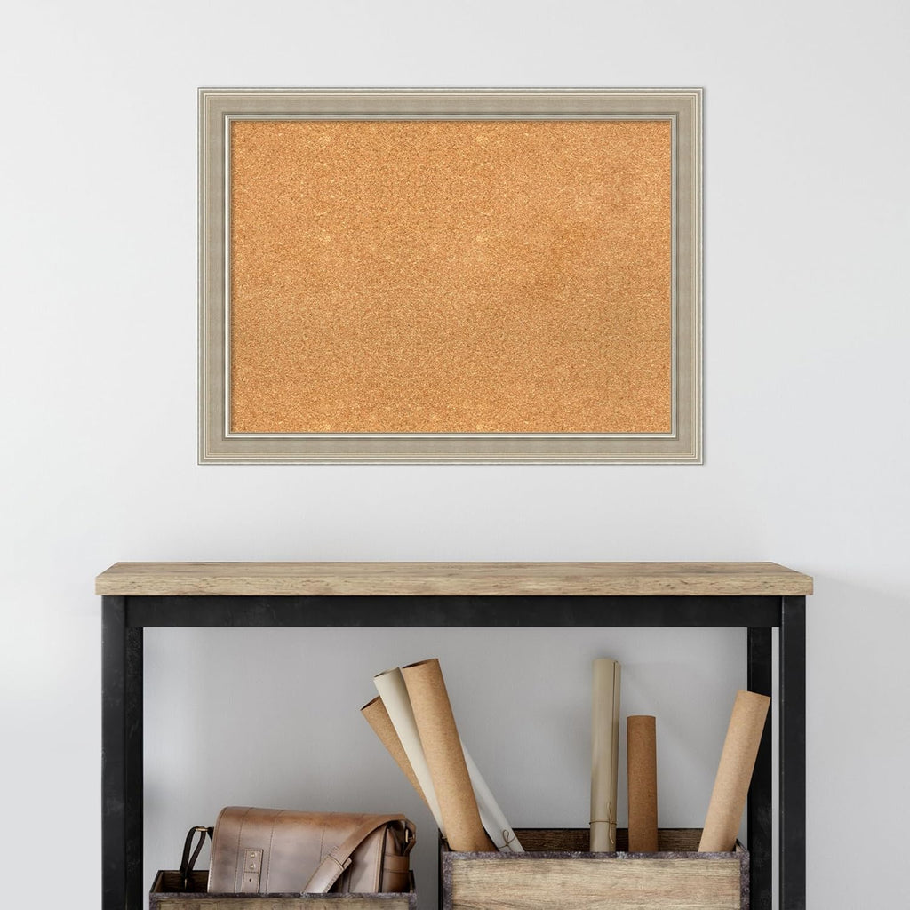 Amanti Art Natural Cork Board for Wall, 24x32 Vision Board with Silver Wood Frame, Medium Corkboard Office Decor for Home Organization, Modern Contemporary Corkboard Pinboard to display items for home