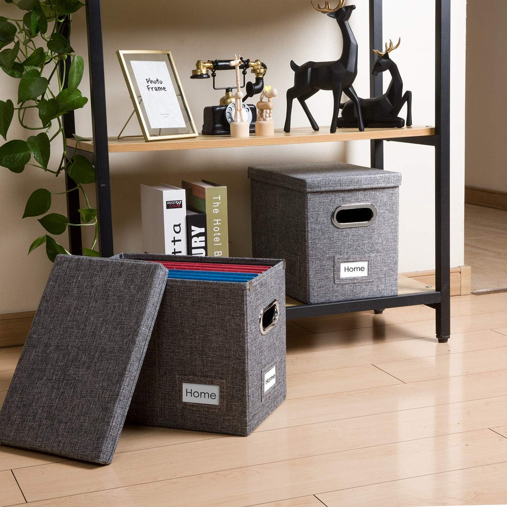 PRANDOM File Organizer Box - Set of 2 Collapsible Decorative Linen Filing Storage Hanging File Folders with Lids Office Cabinet Letter Size Grey (14x9.3x10.8 inch)