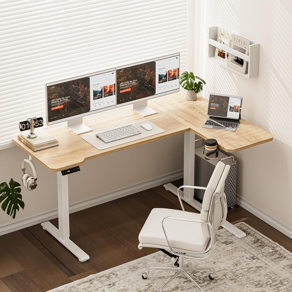 59 Inch L Shaped Standing Desk Adjustable Height, Electric Corner Standing Desk, Sit Stand Computer Table with Reversiable Splice Board,Light Rustic Brown