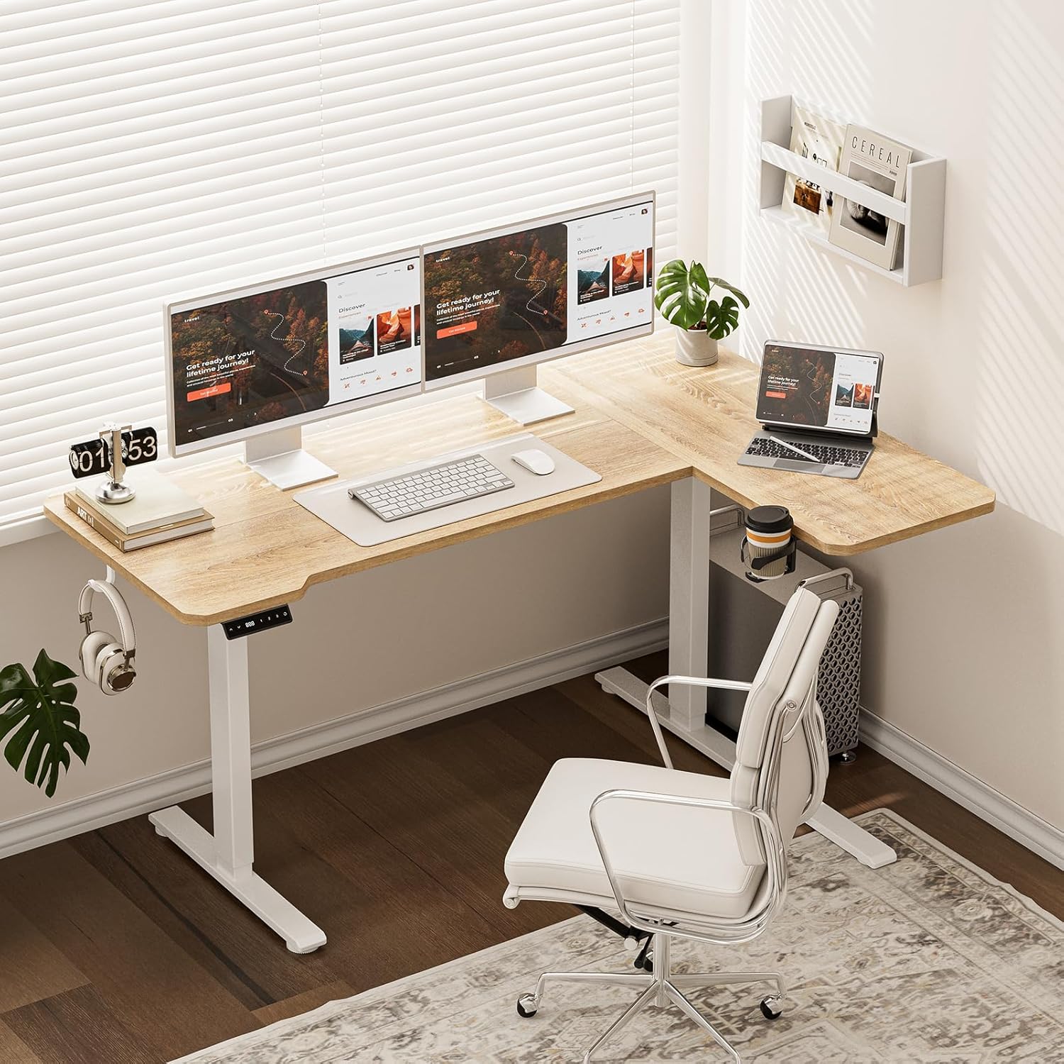 59 Inch L Shaped Standing Desk Adjustable Height, Electric Corner Standing Desk, Sit Stand Computer Table with Reversiable Splice Board,Light Rustic Brown