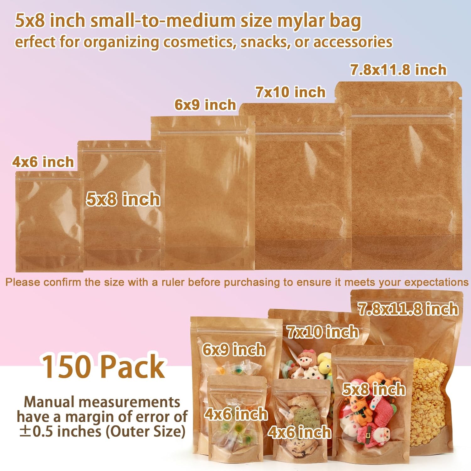 150-Pack Kraft Paper Bags with Clear Window 5" x 8" Reclosable Small Stand Up Mylar Bags for Food Storage Resealable Smell Proof Pouch, Edible Packaging, Reusable bags for Small Business