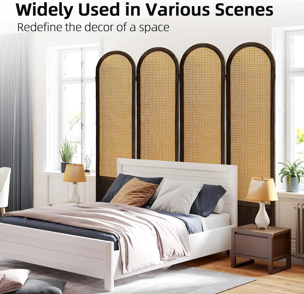 4 Panel Room Divider and Folding Privacy Screen, 5.6 Ft Foldable Double Hinged Rattan Partition, Hand-Woven Rattan Room Divider Portable Wood Freestanding Wall Divider for Room Separation - Brown