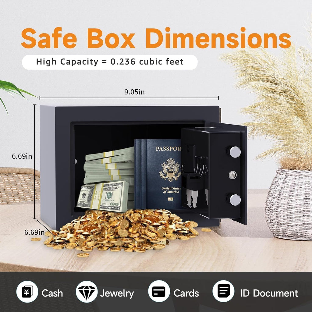 PATRON Small Safe Box for Money with Code and Keys，Solid Mini Safe for Kids with Digital Electronic Security Keypad for Home Office Hotel,Personal Money Safes for Cash,0.236 Cuft (Black)