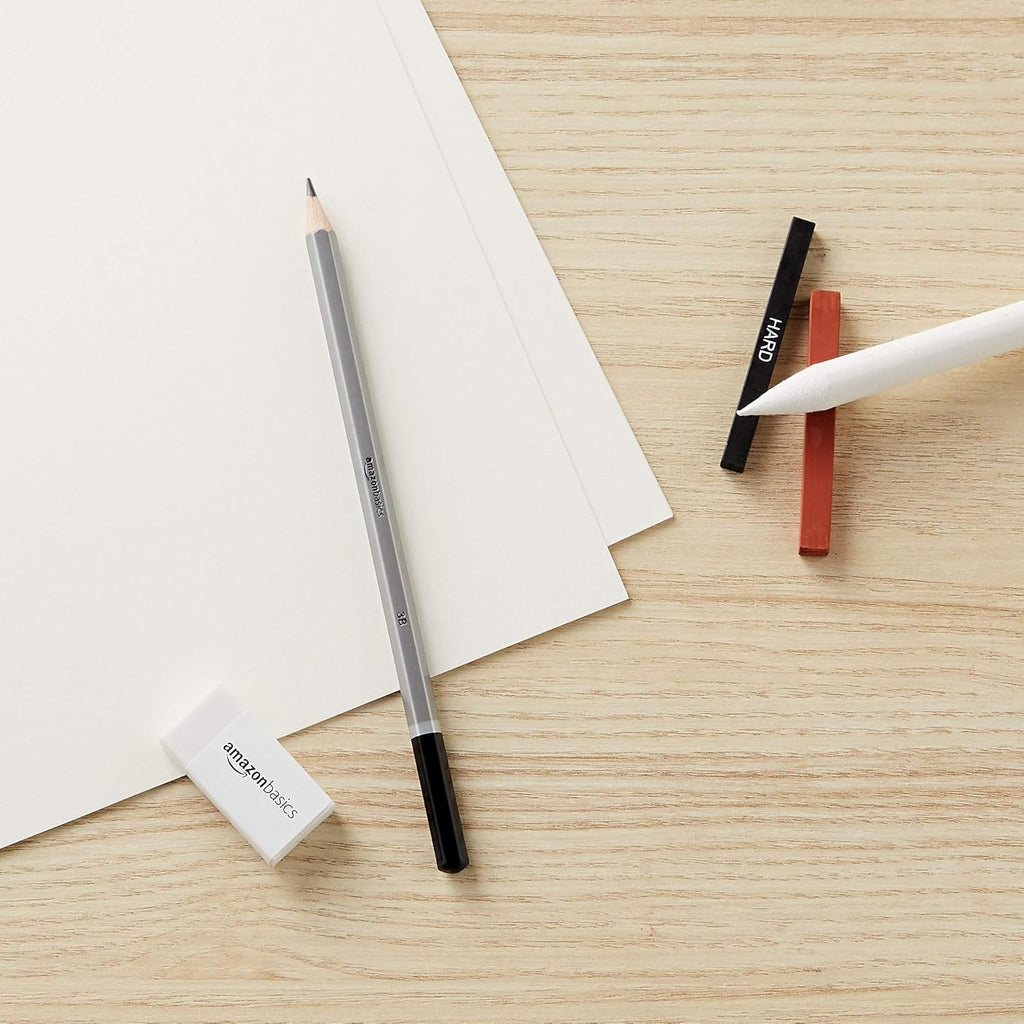 Amazon Basics Sketching and Drawing Art Pencil Kit, Artist Supplies with Pencils, Erasers, Sharpener, Charcoal, Black, White, 17 Piece Set