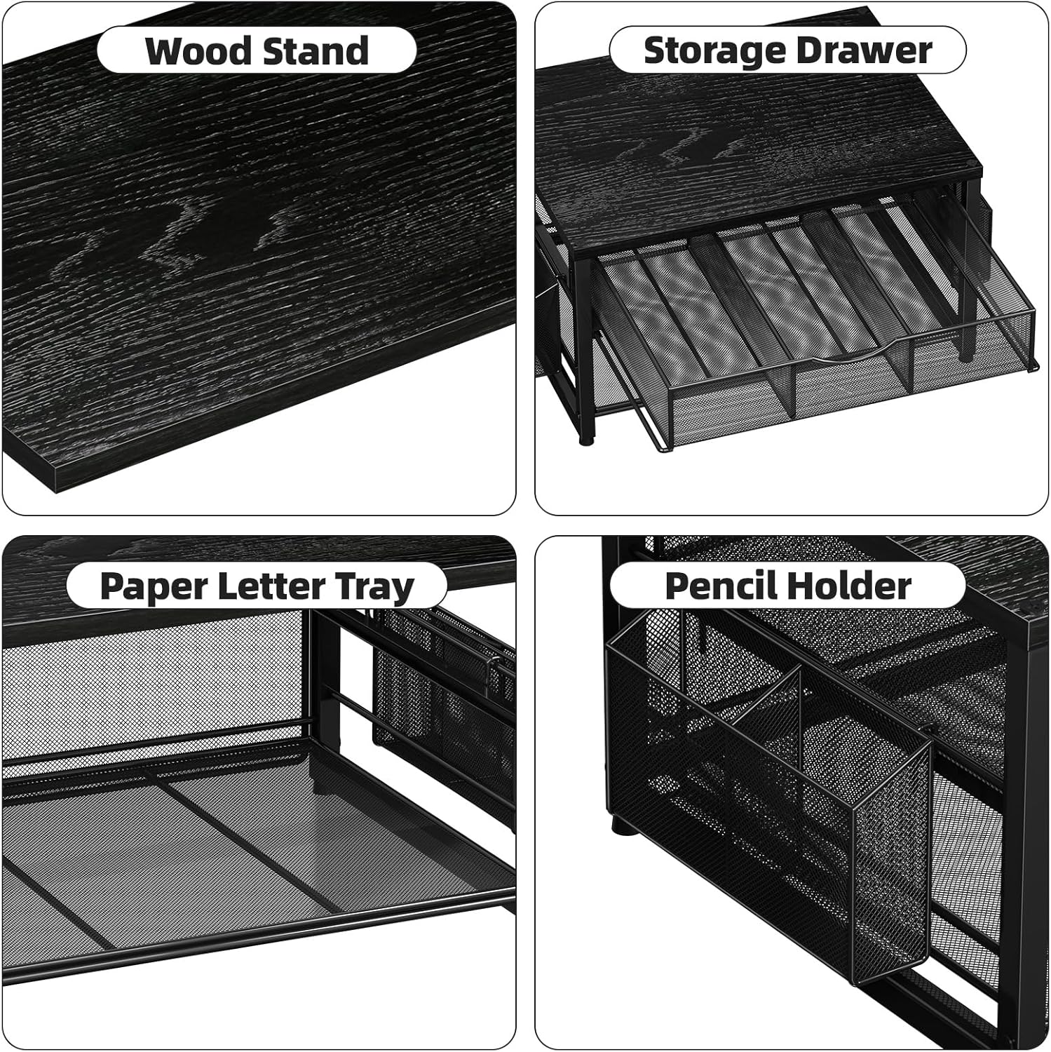 Marbrasse Wood Printer Stand for Desk, 2-Tier Desktop Printer Table for Home Office, Printer Stand with Storage Drawer 2 Pen Holders, Multi-Purpose Desk Organizer for Fax Machine Scanner (Wood Black)