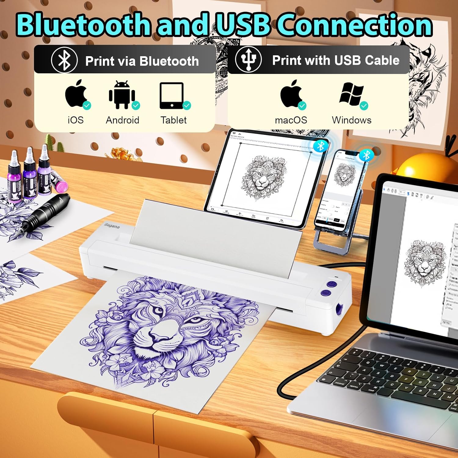 Bagana Wireless Tattoo Stencil Printer, Bluetooth Thermal Temporary Portable Tattoo Transfer Machine Kit Compatible with Smartphone & PC