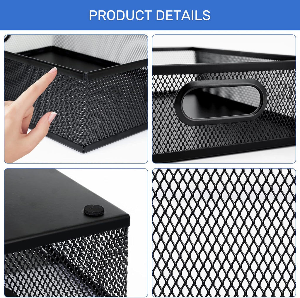 Neudeco Desk Drawer Organizer with 6 Adjustable Dividers, Metal Pen organizer for desk drawer,Mesh Office Desk Drawer Organizer Tray for office supplies (Pack 4, Black)
