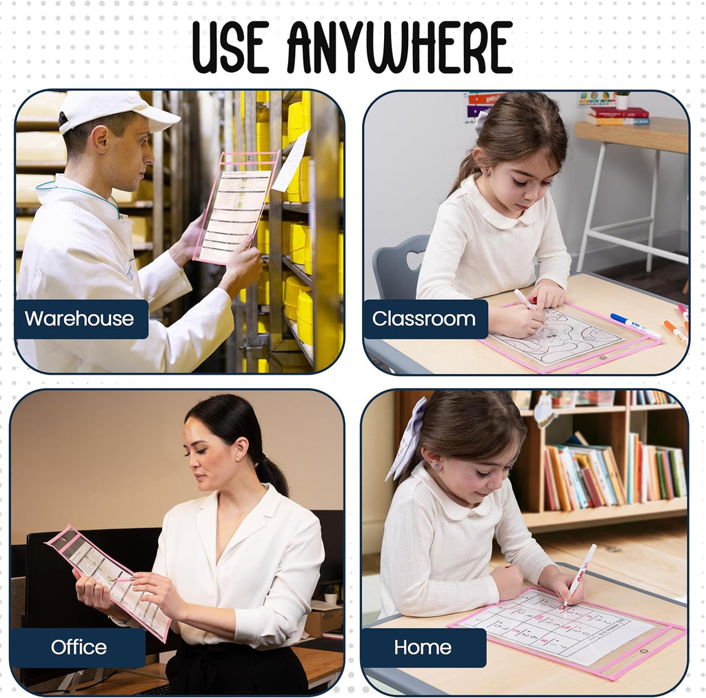 Essex Wares - 6 Pack, Pink, Dry Erase Pocket Document Protectors, 10" Wide x 13.5" Tall - Dry Erase Clear Plastic Sleeves - Reusable & Easy Erase Plastic Invoice Holders, Water-Resistant & Durable