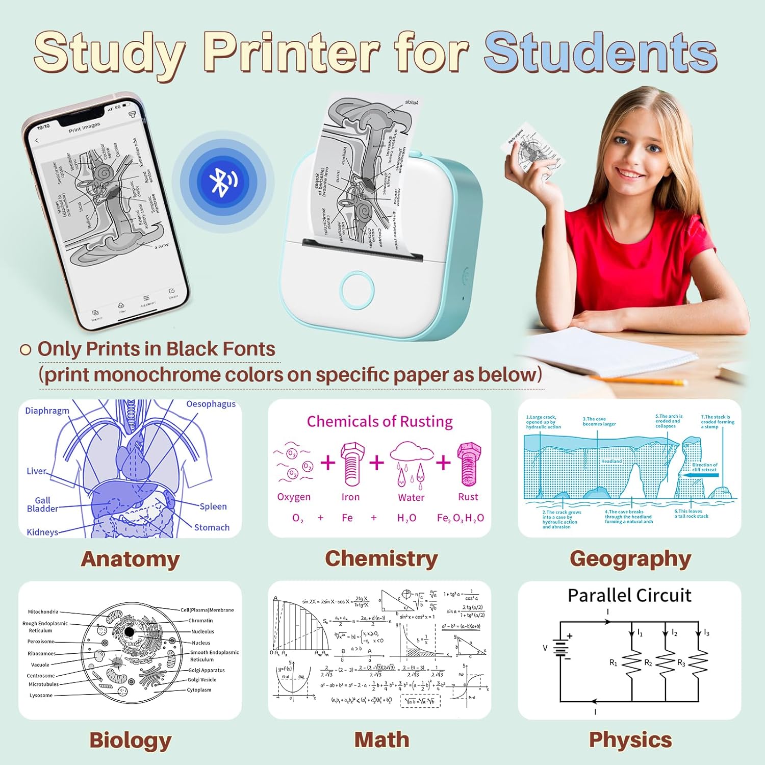 Memoking Sticker Printer - Mini Thermal Sticker Printer, T02 Inkless Pocket Label Maker, Bluetooth Portable Photo Printer, Instant Print Perfect for Students School Supplies,Flashcards, Journals