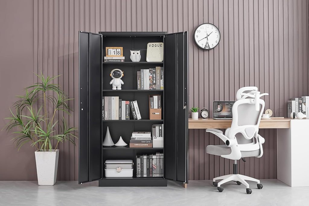Metal Storage Cabinet with Adjustable Shelves, Garage Cabinet with 2 Lockable Doors, Garage Storage Cabinet, Kitchen Pantry Cabinet - 71'H, Black