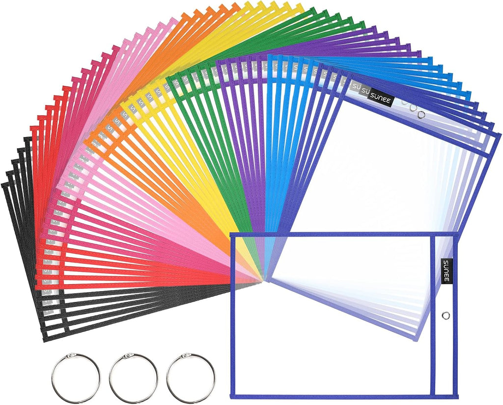 SUNEE 50 Packs Oversized Reusable Dry Erase Pocket Sleeves with 3 Rings, 10 Assorted Colors 10x14 Ticket Holders, Clear Plastic Sheet Protectors, Teacher School Classroom Supplies