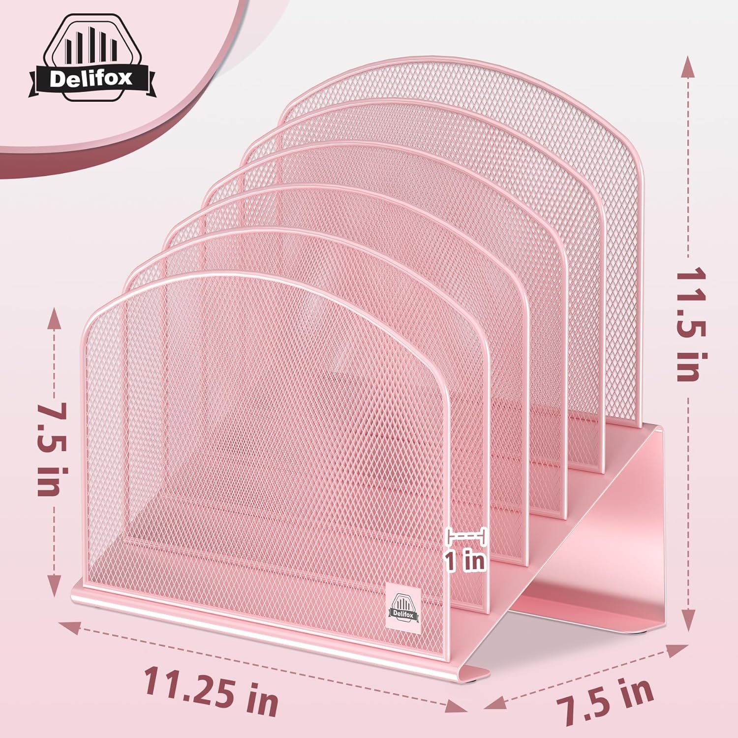 Inclined Desk File Organizer, 5-Section Vertical File Folder Holder Stand Metal Rack File Sorter for Office Classroom Desktop Organization (Pink, 2Pack)