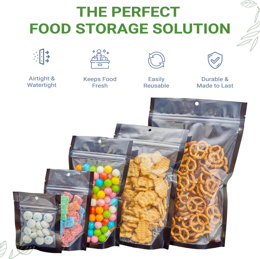 100 Pack 4"x6" Mylar Clear/Black Nylon Resealable Stand Up Bags Heat Seal Zipper Lock Reusable Storage Pouches for Zip Food Storage Lock Packaging with Tear Notches
