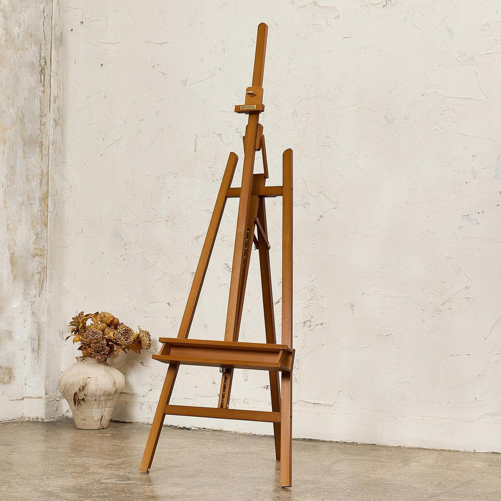 ATWORTH Studio Art Easel, Solid Beech Wood Artist Easel,Hold Canvas up to 48”, Adjustable A-Frame Lyre Style Painting Easel Stand with Storage Tray, Light Teak