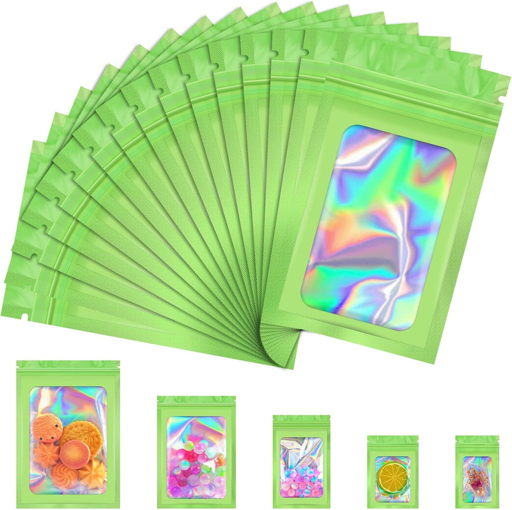 100 Pcs Mylar Bags, Smell Proof Bags Foil Pouch, Holographic Resealable Bags for Small Business, Candy Sample Jewelry Bag Sealable Packaging for Party Favor Food Storage (2.8x3.9in-Green)