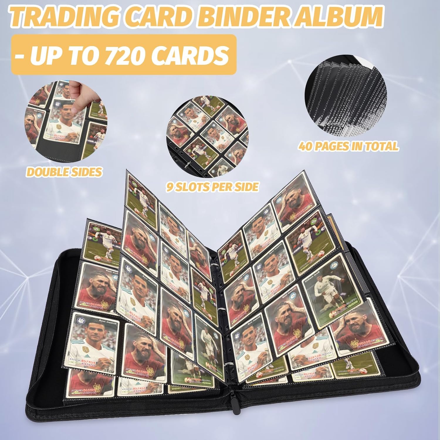 9 Pocket Card Binder, Premium Zip Trading Card Binder, 720 Double Sided Pocket PU Card Collection Binder, Collector Card Album, Card Folder for MTG, TCG, Sports Cards, Game Cards (Blue)