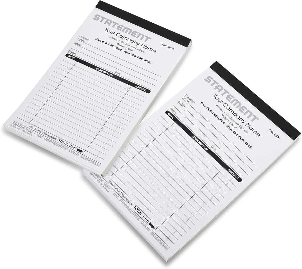 Generic Custom Statement - Personalized Duplicate Carbonless Form with Your Company Name - 2 Books (100 Sets) Numbered