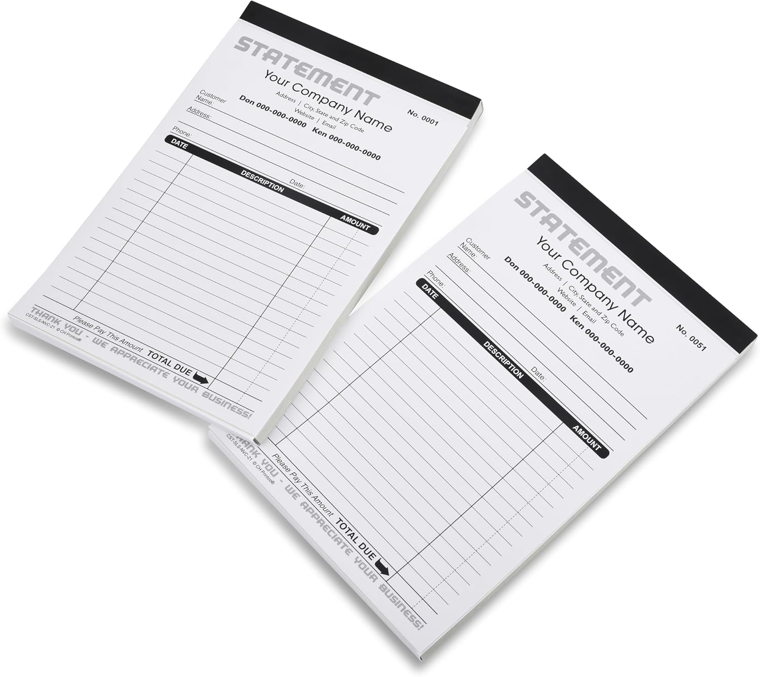 Generic Custom Statement - Personalized Duplicate Carbonless Form with Your Company Name - 2 Books (100 Sets) Numbered