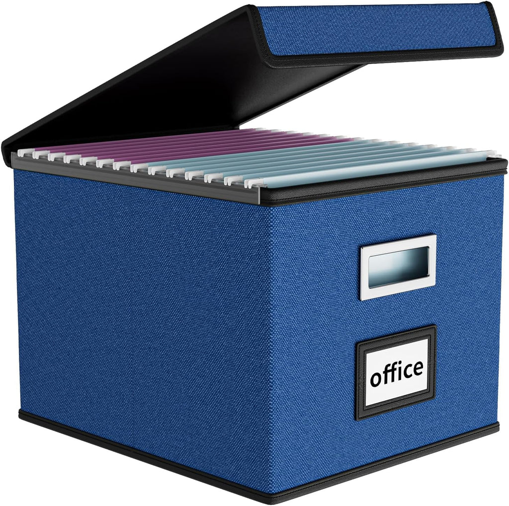 Huolewa Decorative File Organizer Box Office Document Storage with Lid, Portable Collapsible Linen Hanging Filing & Storage Boxes for Office/Decor/Home (Royal Blue) - 14.9 x 12.7 x 10.8 inch - 1Pack