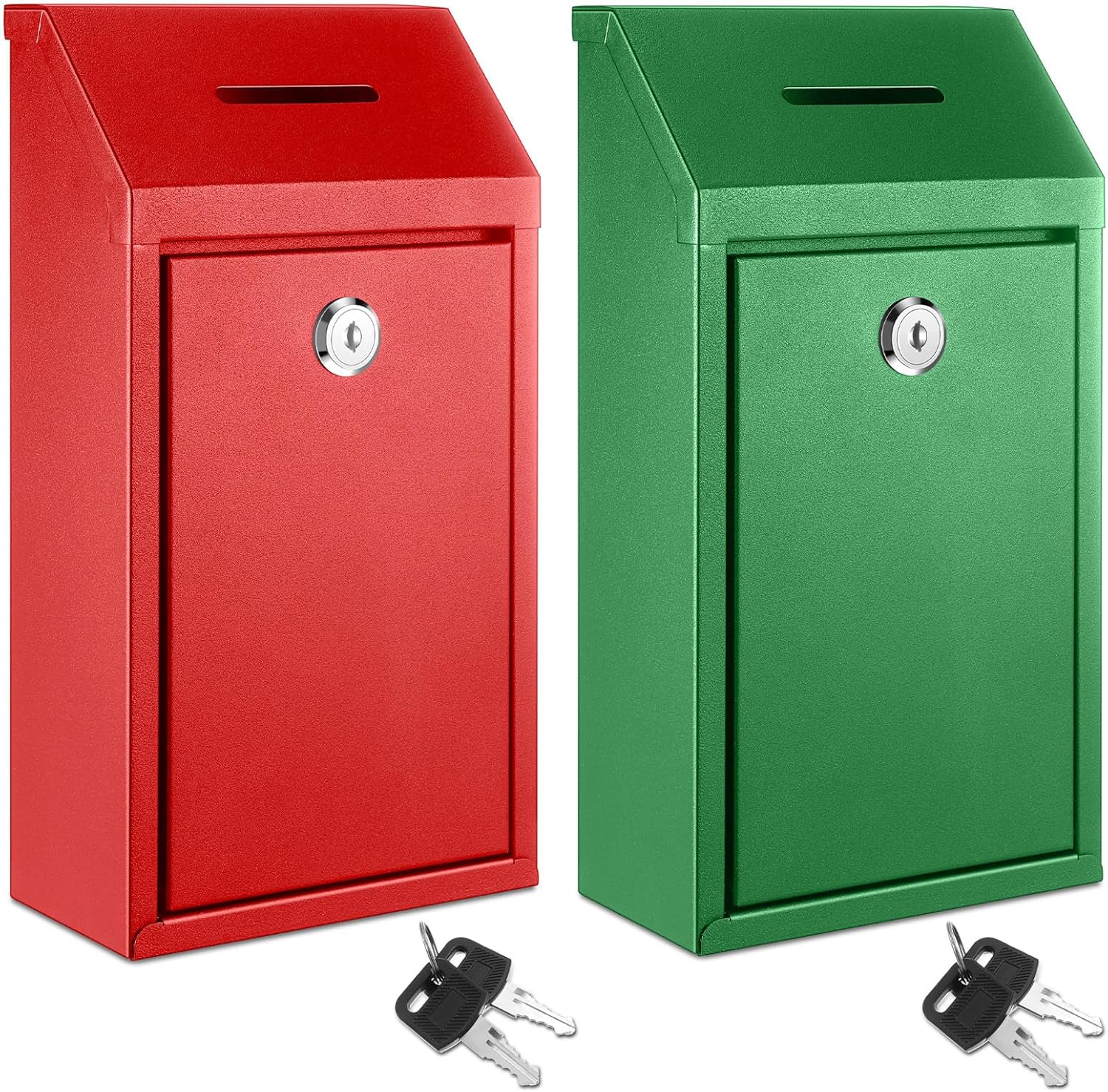 2 Pack Metal Suggestion Boxes with Lock Keys Ballot Donation Boxes with Slot for Fundraising Wall Mounted Mailbox Delivery Container for Home Office Outdoor Door, 10.2x5.7x2.95in(Red, Green)