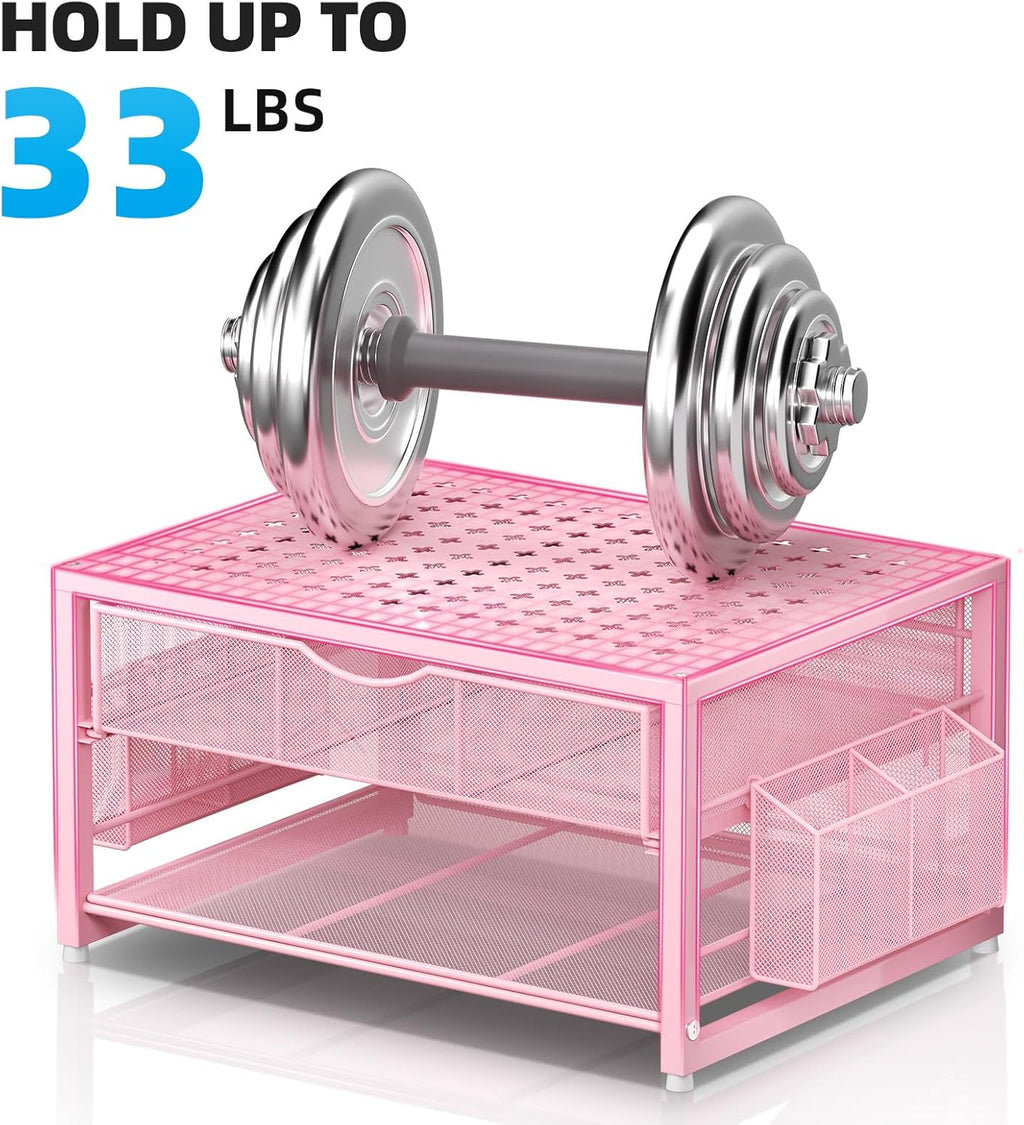 Marbrasse Metal Printer Stand for Desk with Storage Drawer and 2 Pen Holders, 2-Tier Desktop Organizer Printer Table for Home Office, Multi-Purpose Desk Organizer for Fax Machine Scanner Files(Pink)