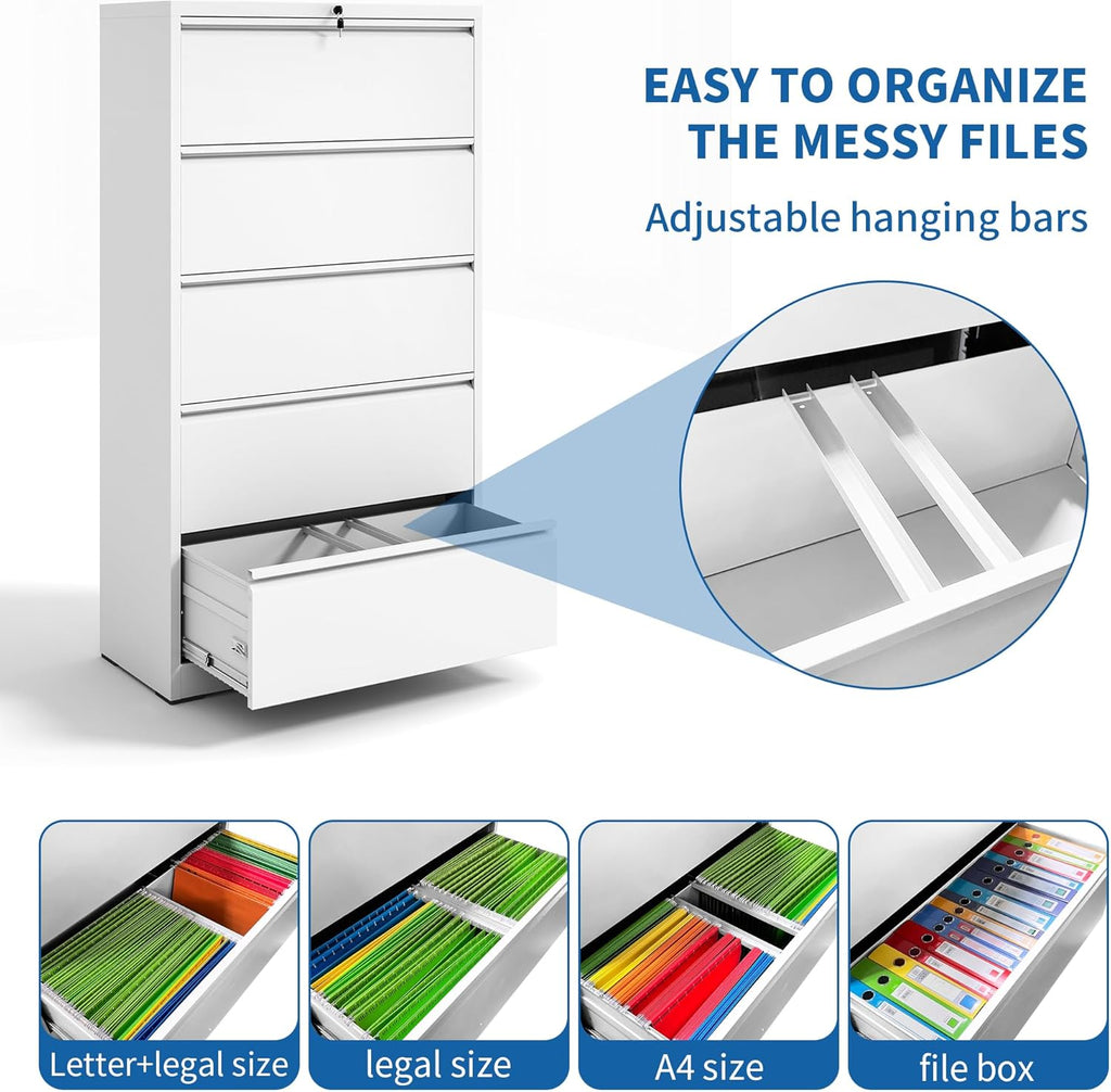 5 Drawer Lateral File Cabinet with Lock, File Cabinets for Home Office Legal/Letter A4 Size, File Cabinet Storage Cabinet, Require Assembly, White