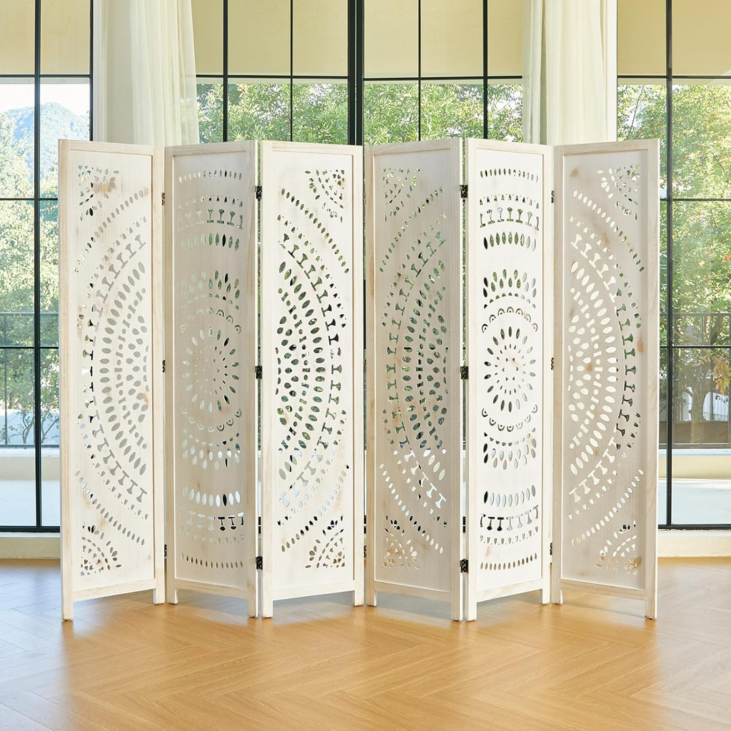 66.9Inch Folding Room Divider, 6 Panels Wood Carved Privacy Screens, Free Assembled Freestanding Partition for Home Office Restaurant Bedroom (White-Washed)
