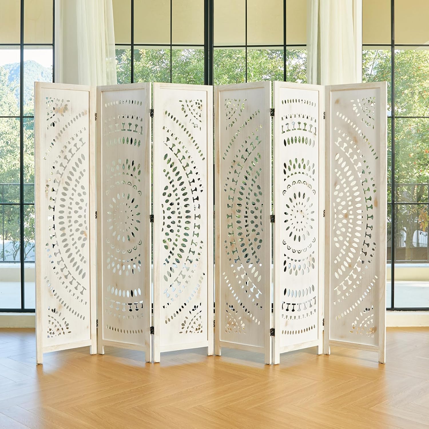 66.9Inch Folding Room Divider, 6 Panels Wood Carved Privacy Screens, Free Assembled Freestanding Partition for Home Office Restaurant Bedroom (White-Washed)