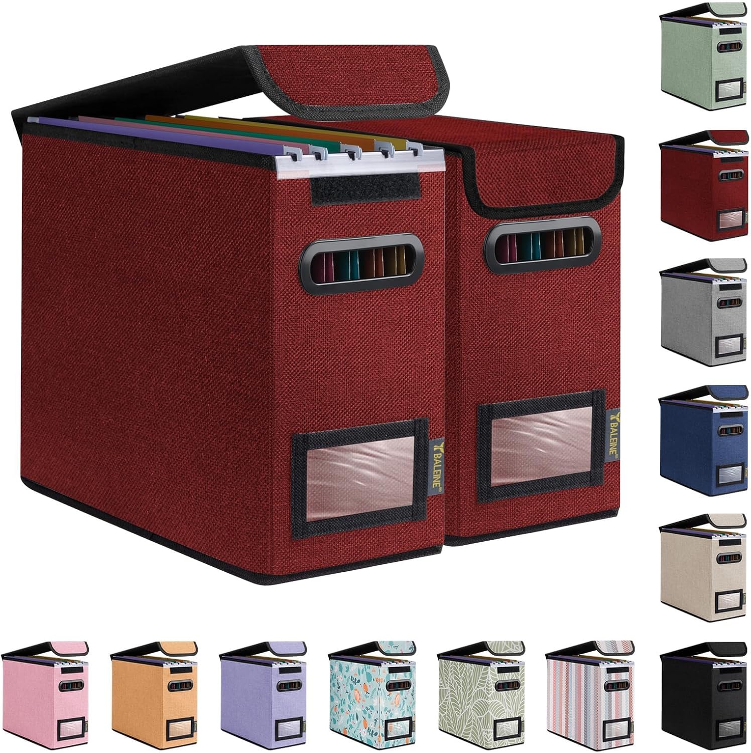 BALEINE File Organizer Box with Lid, Collapsible File Folder Organizer with Plastic Slide, Hanging File Folder Box for Office Document Storage (2 Pack, Red, S)