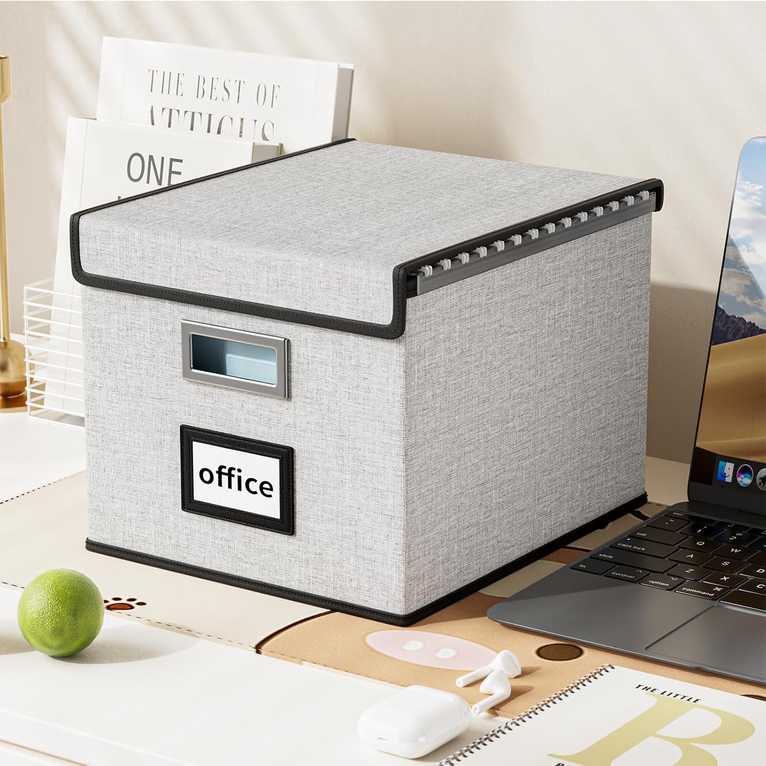 Huolewa Decorative File Storage Organizer Box with Lid, Portable Collapsible Linen Hanging Filing & Storage Boxes for Office/Decor/Home (White) - 14.9 x 12.7 x 10.8 inch - 1Pack