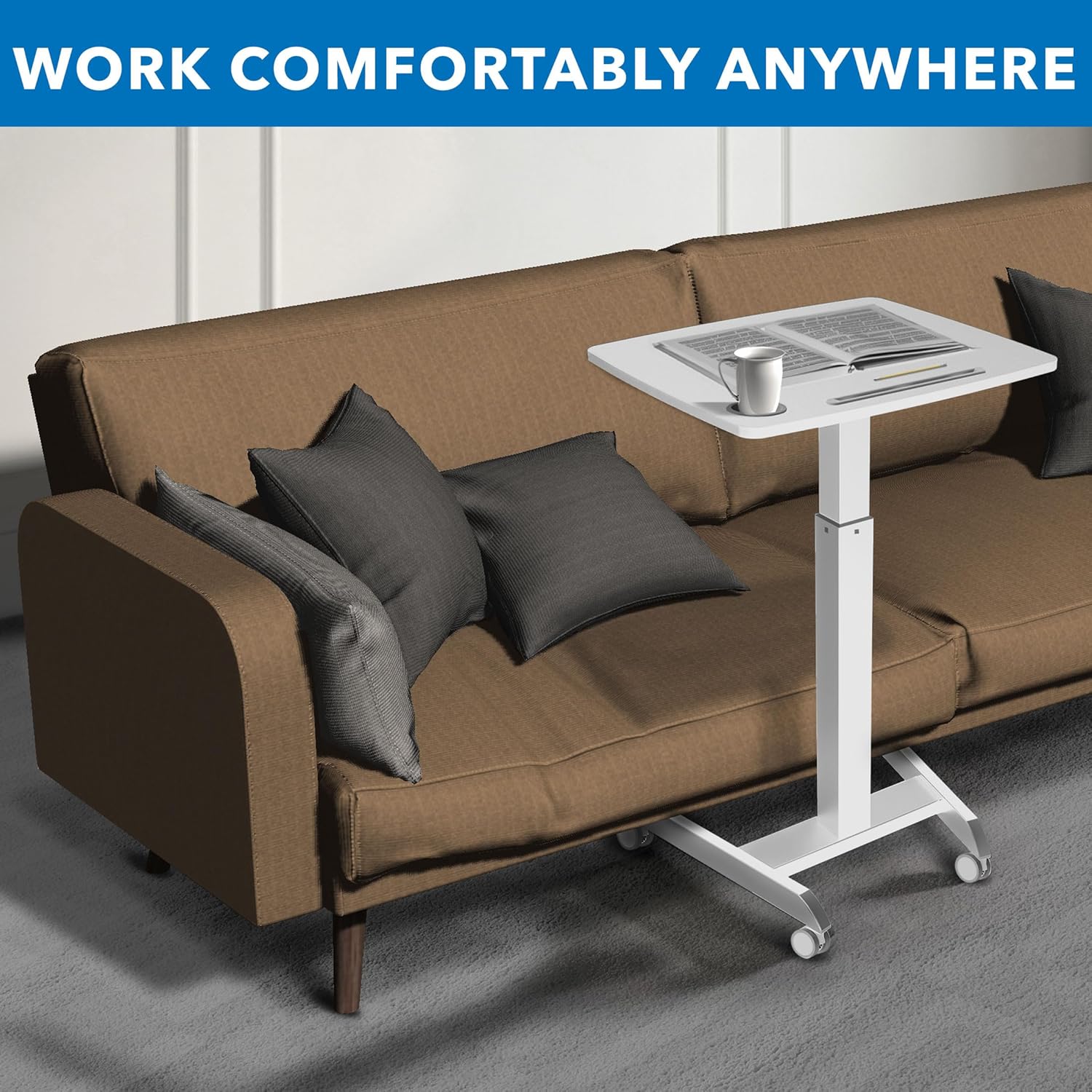 Mount-It! Laptop Cart Rolling Desk Adjustable Height with 28.5" x 22" Tabletop, Ergonomic Sit-Stand Workstation on Wheels Portable for Home Office, Dorm, Classroom, White
