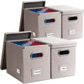PRANDOM File Organizer Box - Set of 4 Collapsible Decorative Linen Filing Storage Hanging File Folders with Lids Office Cabinet Letter Size Light Grey (14x9.3x10.8 inch)