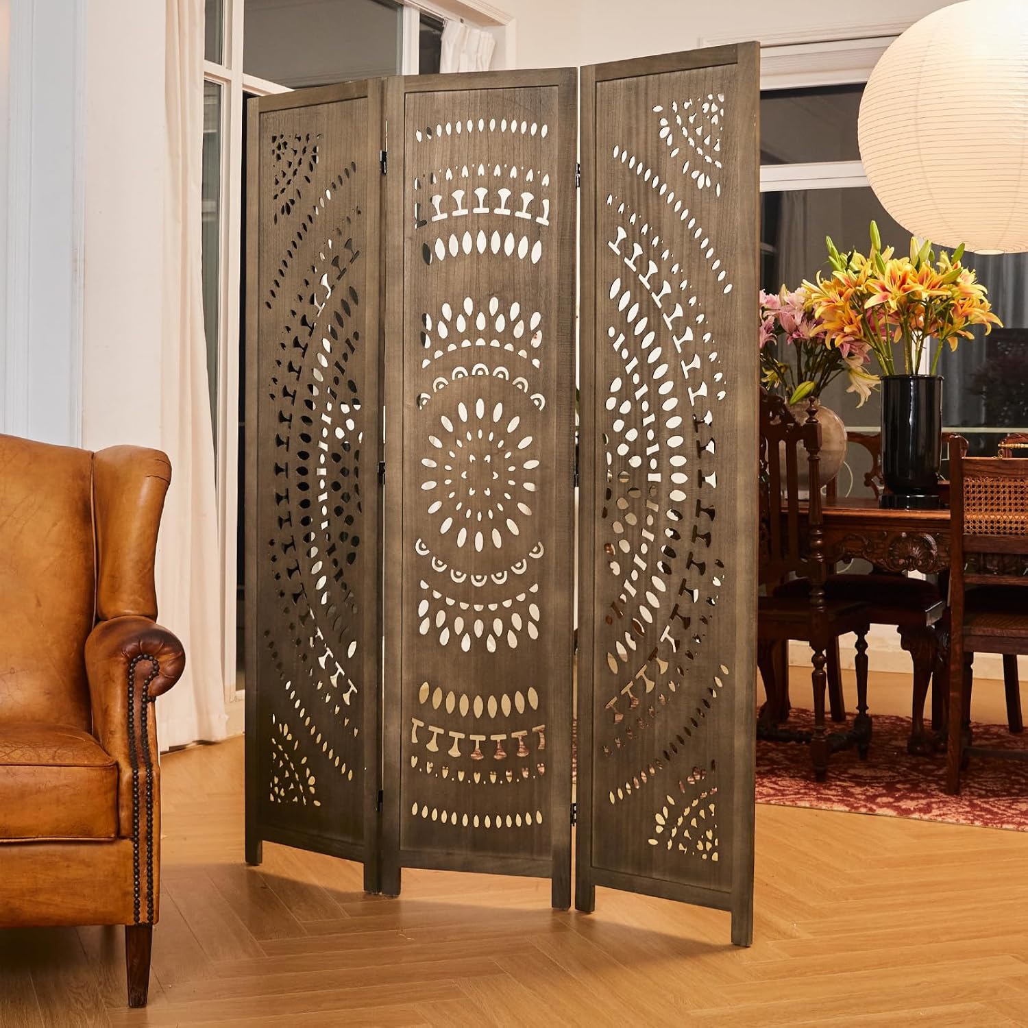 66.9Inch Folding Room Divider, 3 Panels Wood Carved Privacy Screens, Free Assembled Freestanding Partition for Home Office Restaurant Bedroom (Brown)