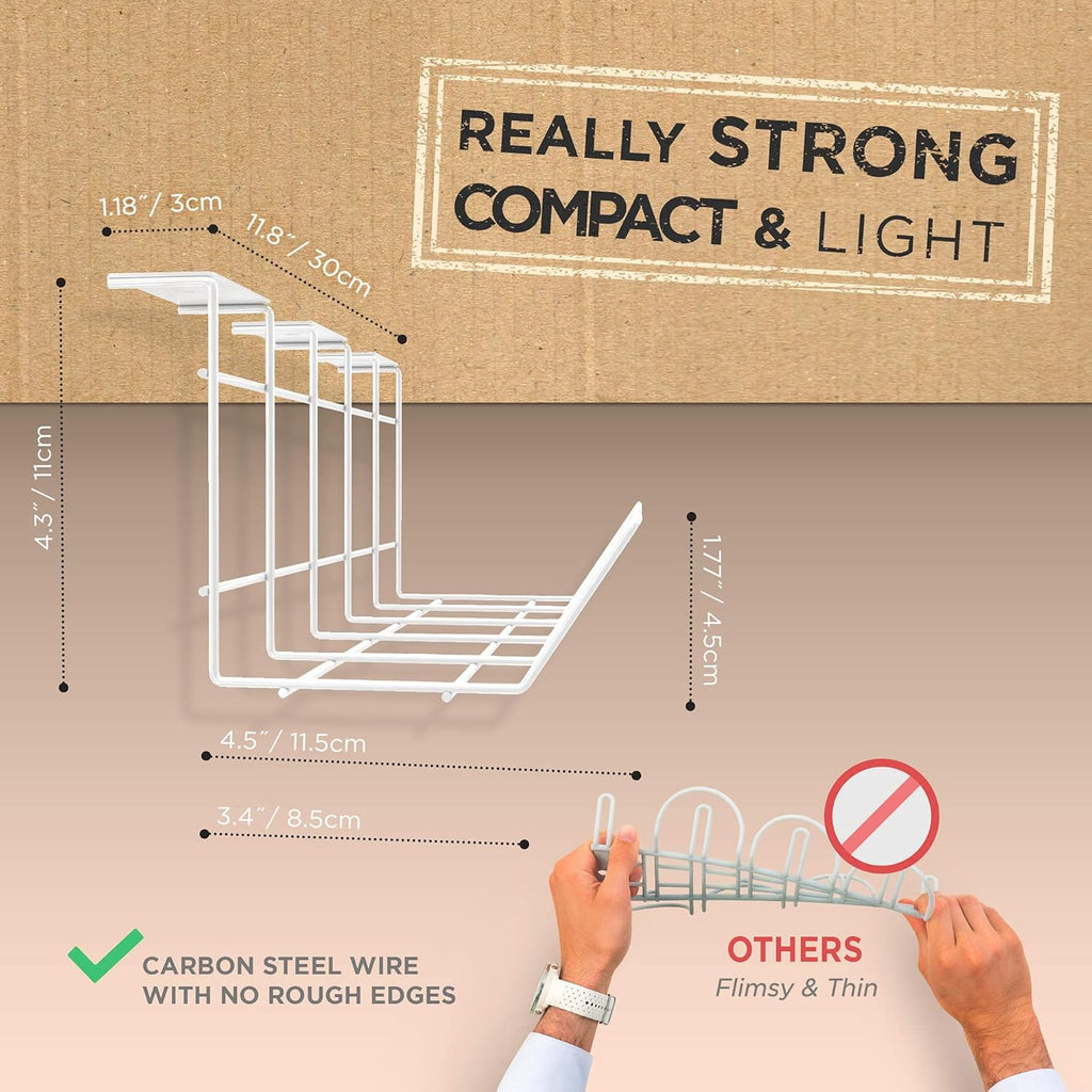 Compact Under Desk Cable Tray Organizer – Wire Management Set, White (2-Pack, 12")