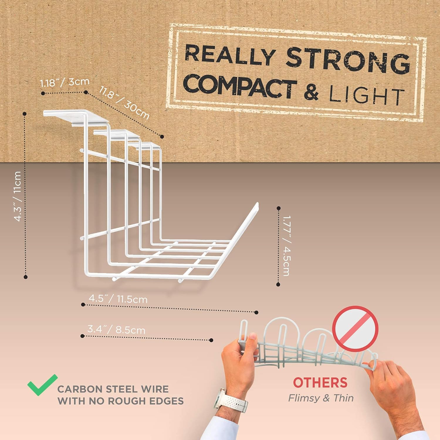 Compact Under Desk Cable Tray Organizer – Wire Management Set, White (2-Pack, 12")