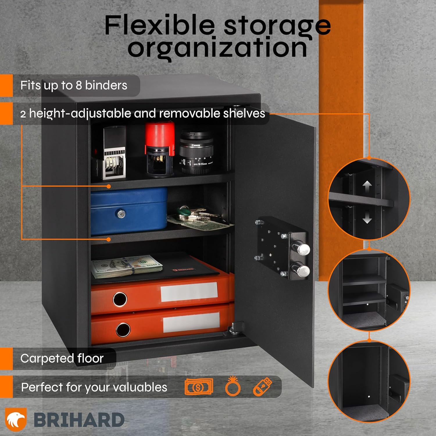 Business XL Key Lock Safe 19.69"H x 13.78"W x 14.17"D with Fireproof Bag, Large Office Safe 2.12 Cubic Feet for Documents A4 with 2 Height-Adjustable Shelves, Key Safe Box for Money & Jewelry
