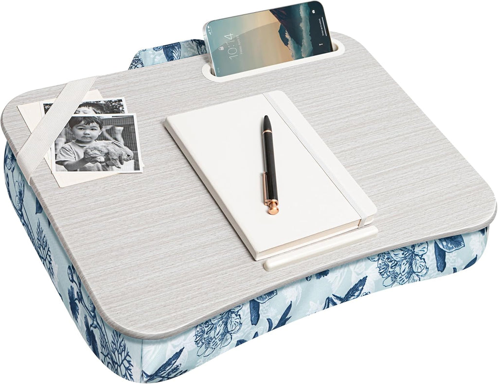 LAPGEAR Designer Lap Desk with Phone Holder and Device Ledge - Blue Blossoms - Fits up to 15.6 Inch Laptops - Style No. 45433
