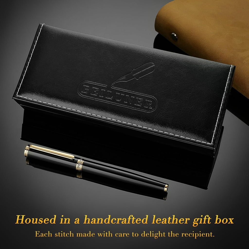 BEILUNER Black Fountain Pen,Stunning Luxury Piano Lacquer,24K Gilded Nib(Medium),Gorgeous 24K Gold Finish,Ink Converter, Gift for Men&Women-Elegant, Reliable, Office, Professional Pens for Writing