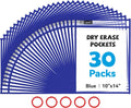 Gamenote Dry Erase Pockets 30 Pack with Rings - Oversized Reusable Plastic Sleeves Shop Ticket Holders Sheet Protectors Teacher Supplies for Classroom Organization (Blue)
