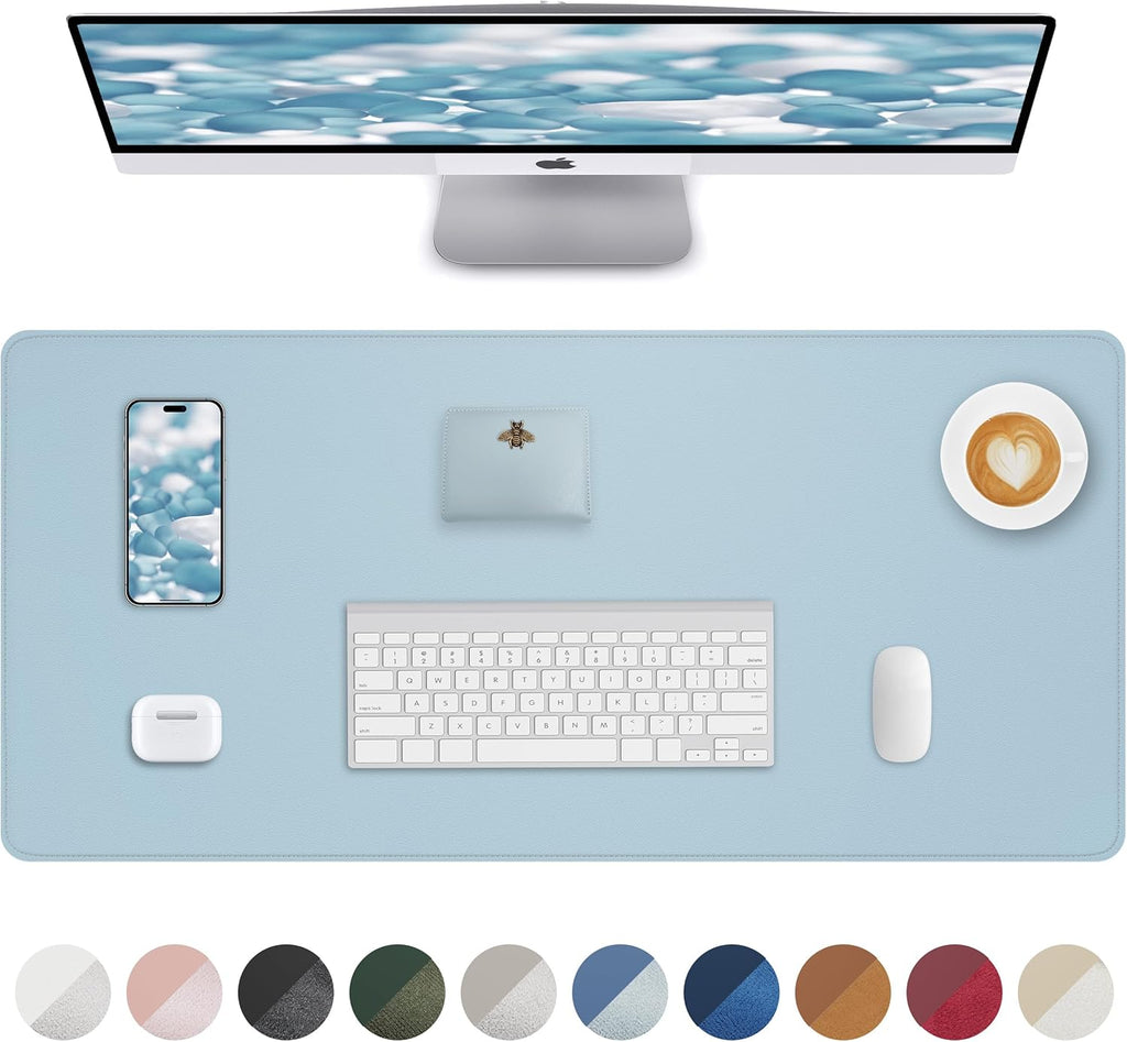 Leather Desk Pad Protector,Desk Mat,Large Mouse Pad, Non-Slip Desk Pad, Waterproof PU Leather Desk Blotter Mat, Desk Cover for Office and Home (Light Blue, 36" x 17")