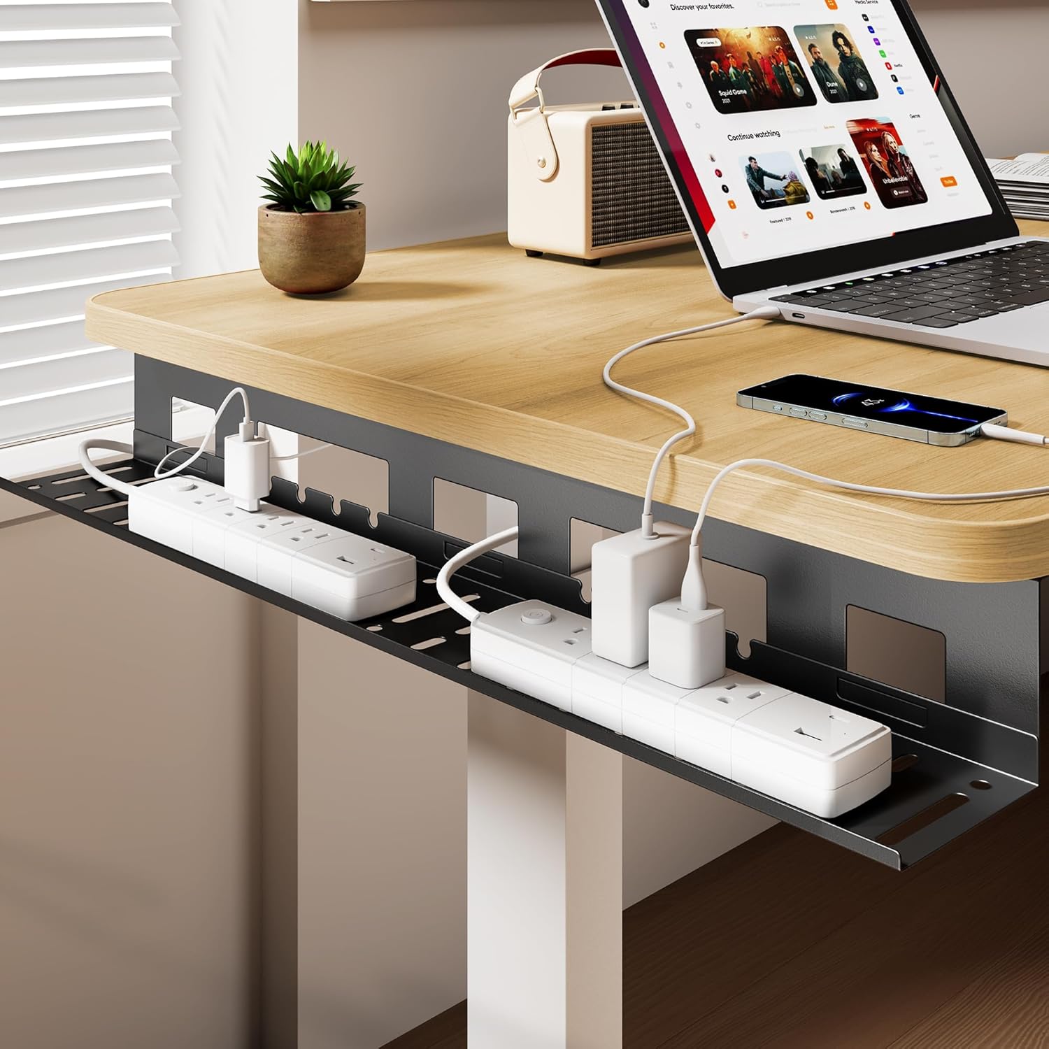 Under Desk Cable Management Tray, 31.5 Inches Metal Cord Organizer Rack, Desk Tray for Power Strip, Cord, Wire, Easy Mounting Cable Management Under Table for Home Office, Black