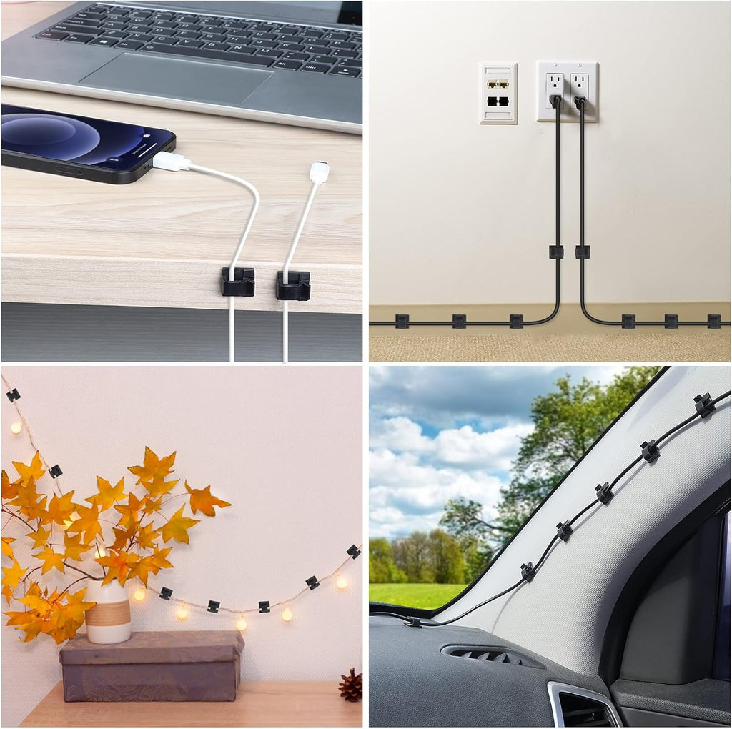 100 PCS Adhesive Cable Clips (Large, White&Black), Upgraded Wall Wire Holder Cord Organizer for Cable Management Under Desk, Light Clips Hooks for LED, HDMI, Eetension Cord, Powder Cable