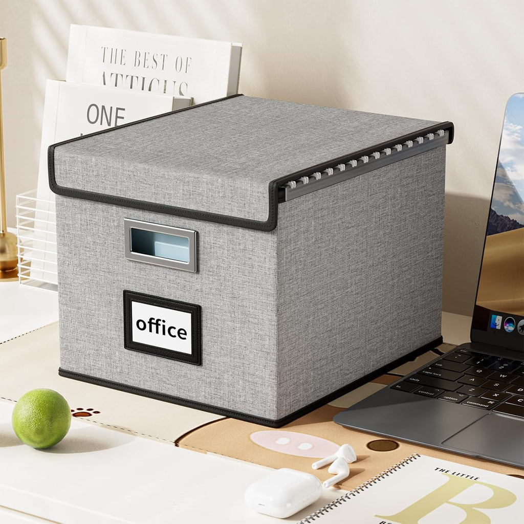 Huolewa Upgraded Portable File Organizer Box with Lid, Collapsible Linen Hanging Filing Storage Boxes with Plastic Slides, Decorative Home/Office Filing System Box for File and Folders Storage (Gray)