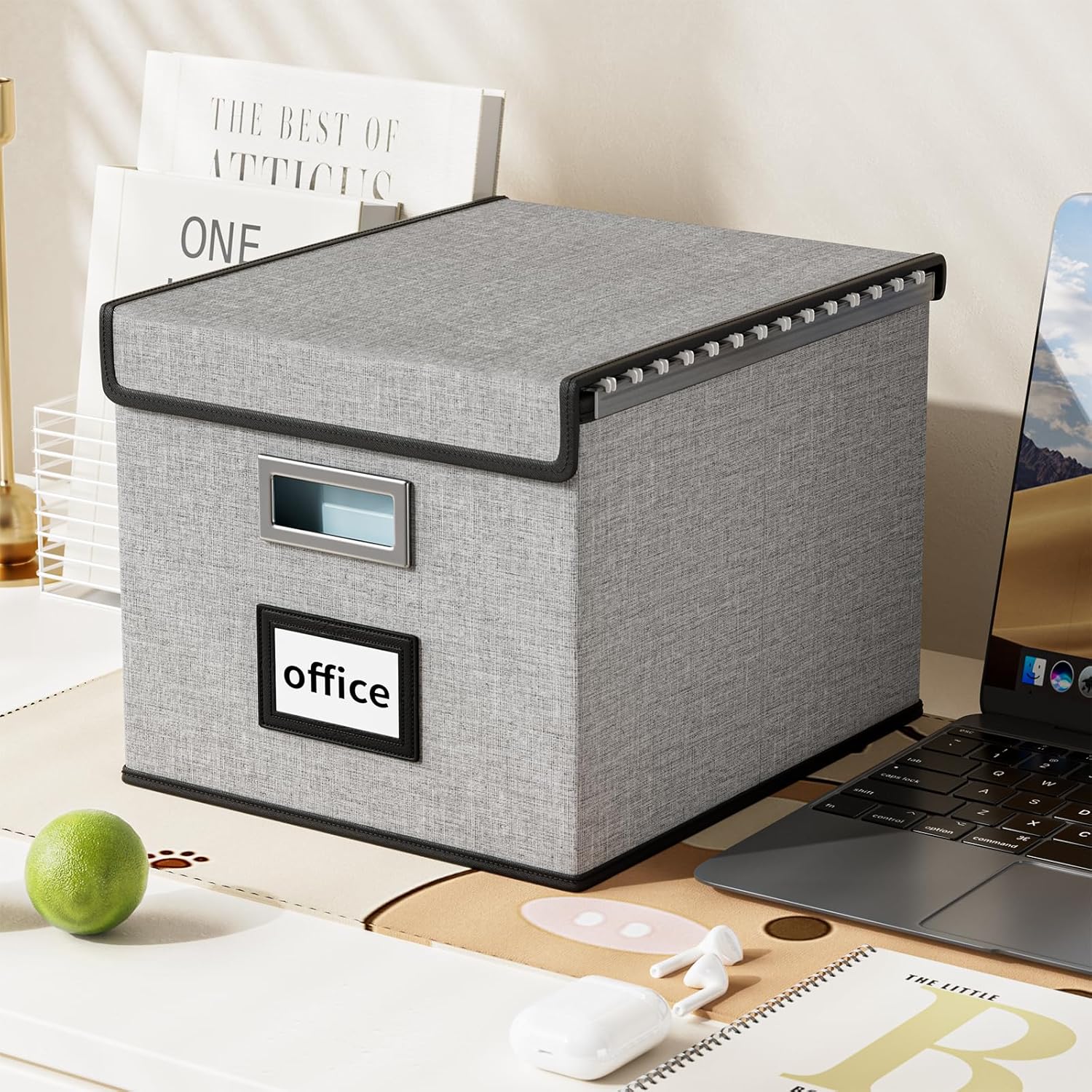 Huolewa Upgraded Portable File Organizer Box with Lid, Collapsible Linen Hanging Filing Storage Boxes with Plastic Slides, Decorative Home/Office Filing System Box for File and Folders Storage (Gray)